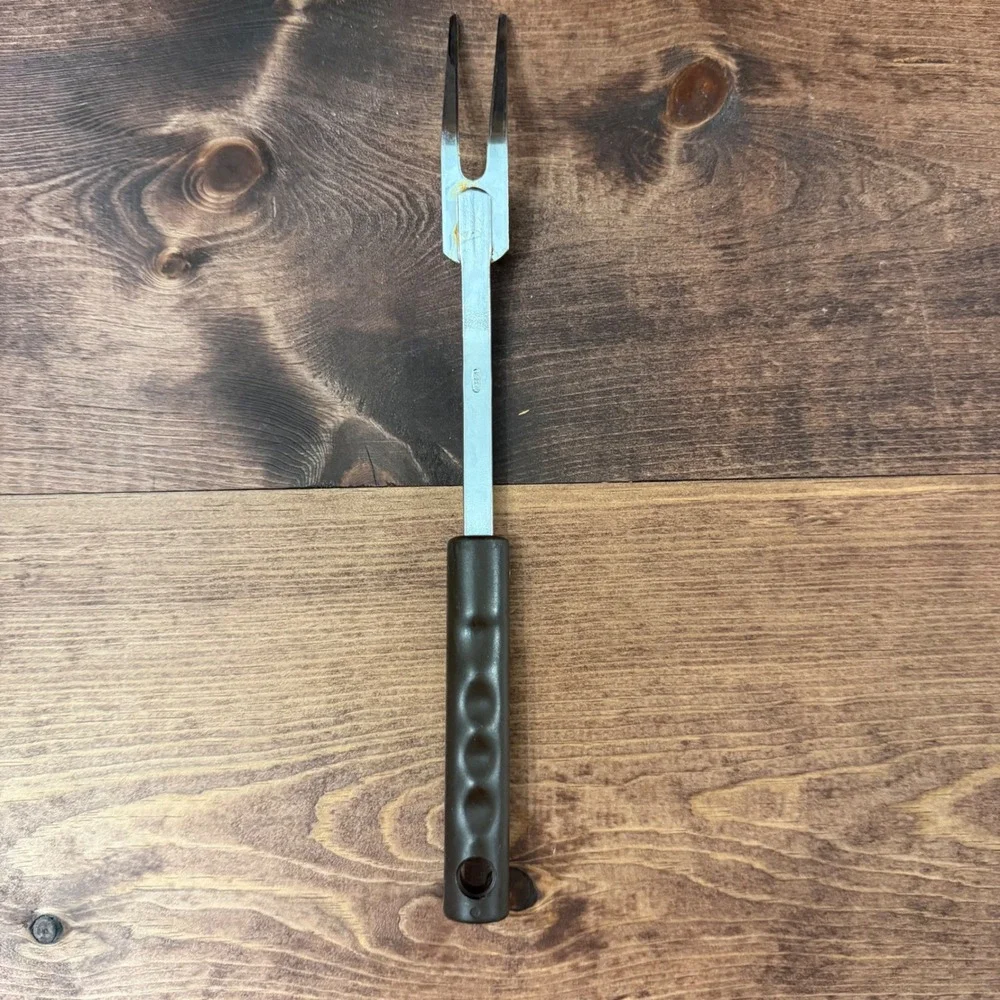 Vintage Stainless Meat Carving Fork Brown Handle Korea Kitchen Tool
